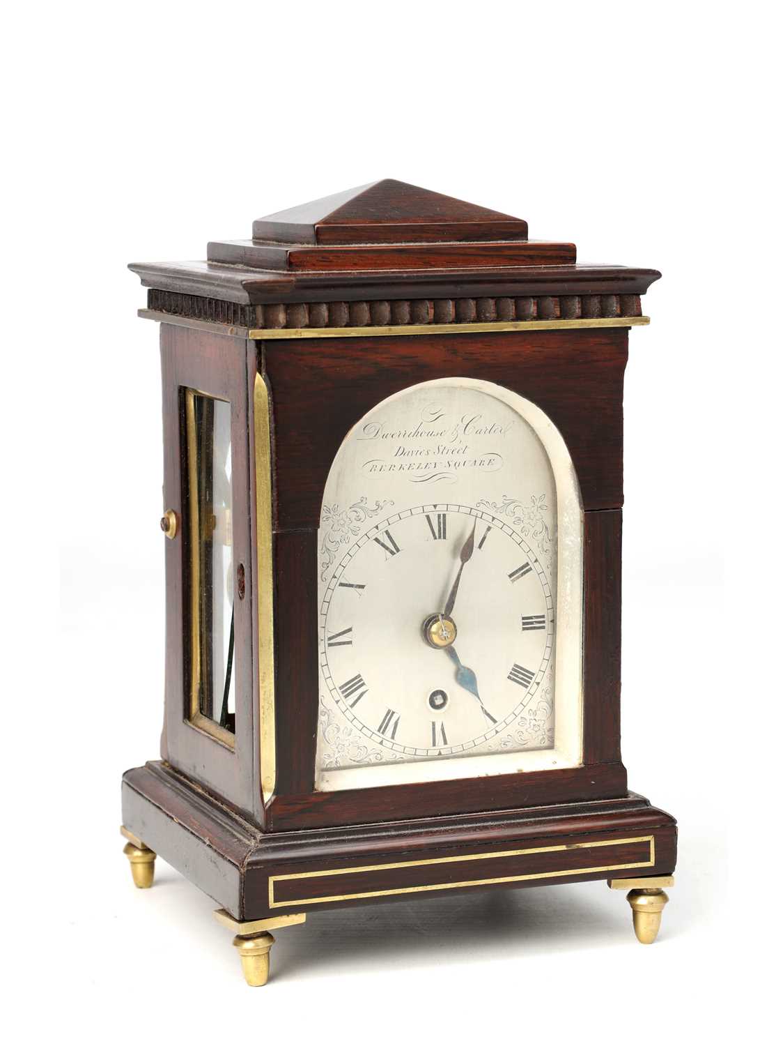 Lot DWERRIHOUSE & CARTER, LONDON. A REGENCY MINIATURE ROSEWOOD AND BRASS INLAID LIBRARY MANTEL CLOCK