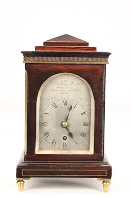 Lot DWERRIHOUSE & CARTER, LONDON. A REGENCY MINIATURE ROSEWOOD AND BRASS INLAID LIBRARY MANTEL CLOCK