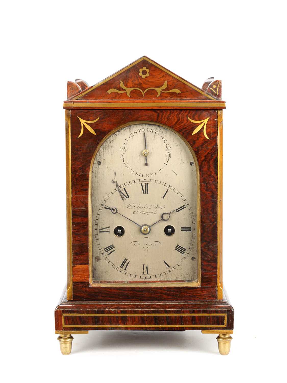 Lot A CIRCA 1815 ENGLISH ROSEWOOD MINIATURE TWIN FUSEE MANTEL CLOCK BY RICHARD CLARKE & SONS, LONDON