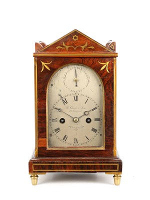 Lot A CIRCA 1815 ENGLISH ROSEWOOD MINIATURE TWIN FUSEE MANTEL CLOCK BY RICHARD CLARKE & SONS, LONDON