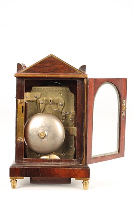 Lot A CIRCA 1815 ENGLISH ROSEWOOD MINIATURE TWIN FUSEE MANTEL CLOCK BY RICHARD CLARKE & SONS, LONDON