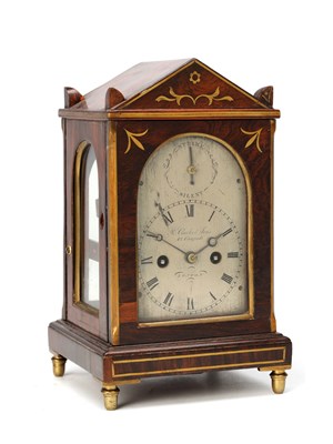 Lot A CIRCA 1815 ENGLISH ROSEWOOD MINIATURE TWIN FUSEE MANTEL CLOCK BY RICHARD CLARKE & SONS, LONDON