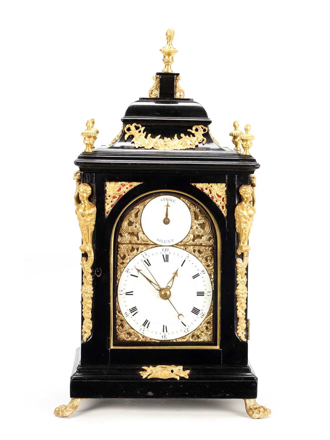 Lot MARRIOTT, LONDON. A MINIATURE GEORGE III ORMOLU MOUNTED QUARTER CHIMING VERGE BRACKET CLOCK