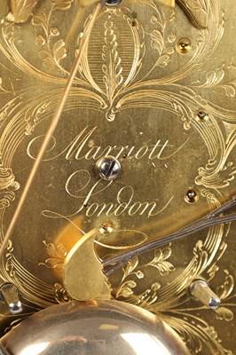Lot MARRIOTT, LONDON. A MINIATURE GEORGE III ORMOLU MOUNTED QUARTER CHIMING VERGE BRACKET CLOCK