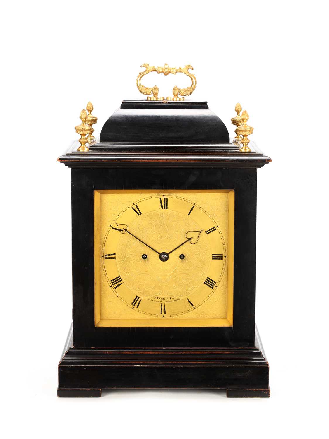 Lot PAYNE & CO., LONDON. A MID 19TH CENTURY EBONISED DOUBLE FUSEE QUARTER CHIMING BRACKET CLOCK