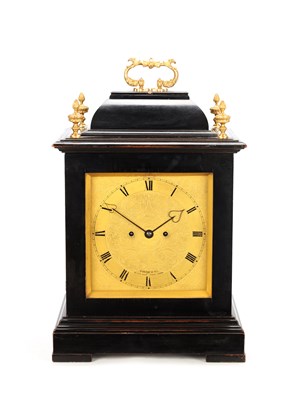 Lot PAYNE & CO., LONDON. A MID 19TH CENTURY EBONISED DOUBLE FUSEE QUARTER CHIMING BRACKET CLOCK