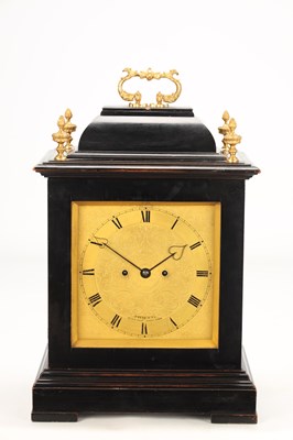 Lot PAYNE & CO., LONDON. A MID 19TH CENTURY EBONISED DOUBLE FUSEE QUARTER CHIMING BRACKET CLOCK