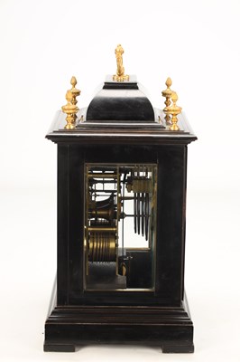 Lot PAYNE & CO., LONDON. A MID 19TH CENTURY EBONISED DOUBLE FUSEE QUARTER CHIMING BRACKET CLOCK
