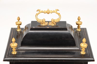 Lot PAYNE & CO., LONDON. A MID 19TH CENTURY EBONISED DOUBLE FUSEE QUARTER CHIMING BRACKET CLOCK