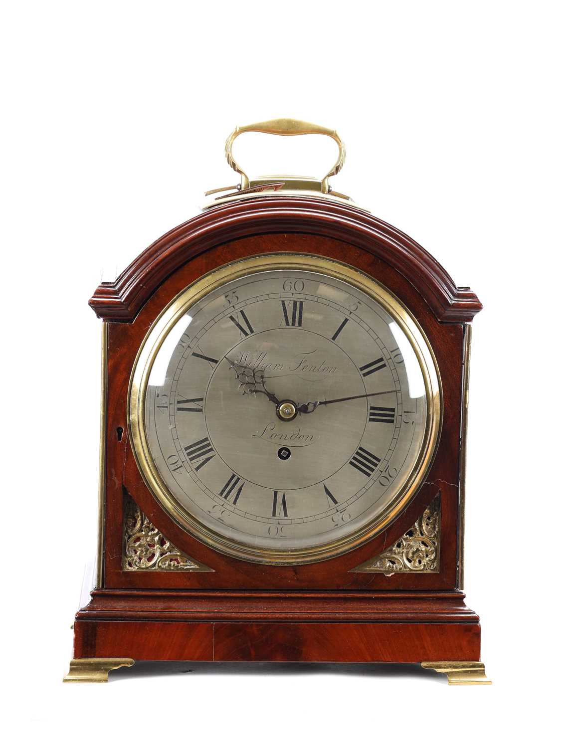 Lot WILLIAM FENTON, LONDON. A GEORGE III FIGURED MAHOGANY VERGE BRACKET CLOCK