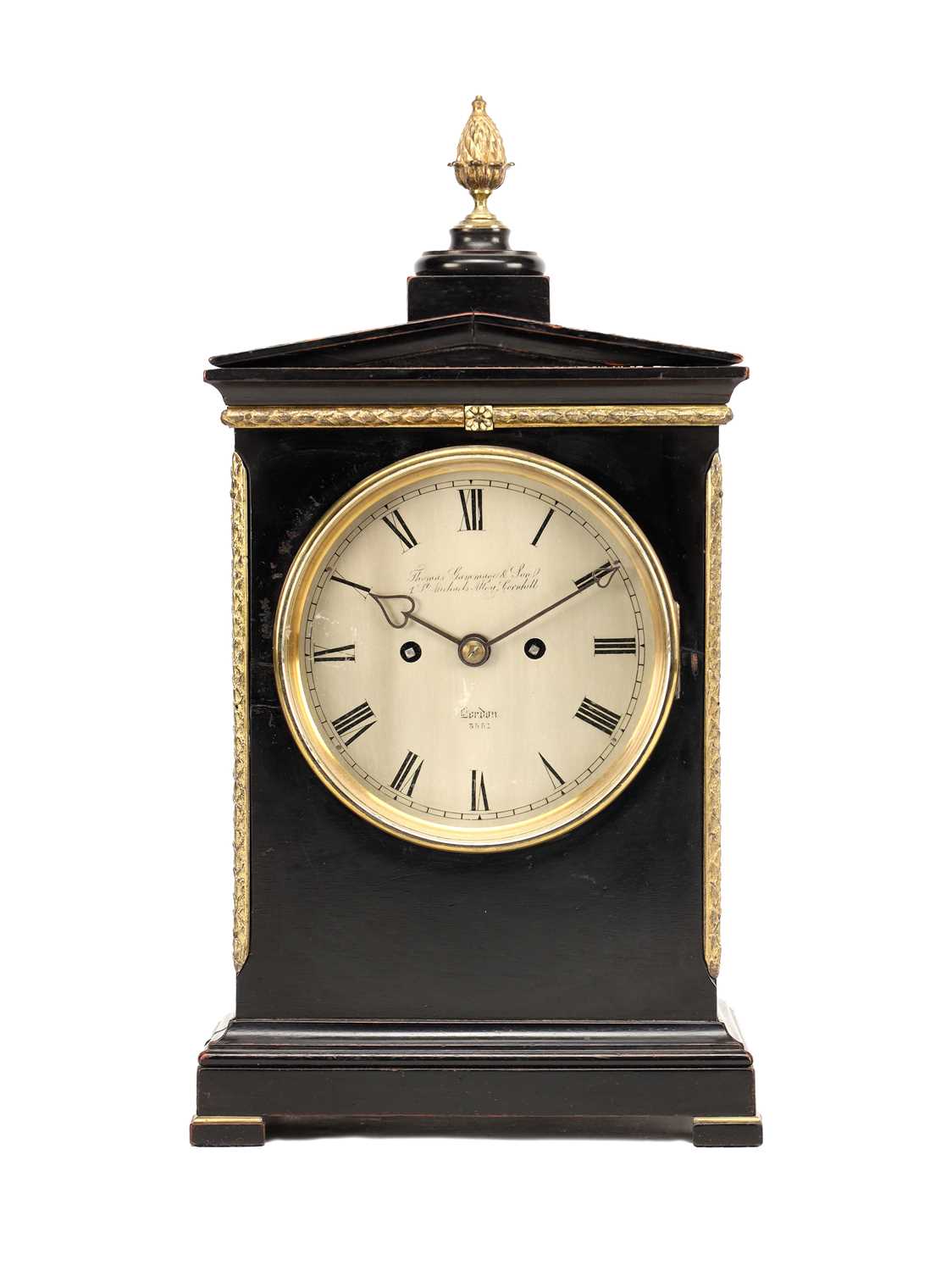 Lot THOMAS GAMMAGE & SON, LONDON A SMALL ORMOLU MOUNTED EBONISED DOUBLE FUSEE BRACKET CLOCK CIRCA 1840