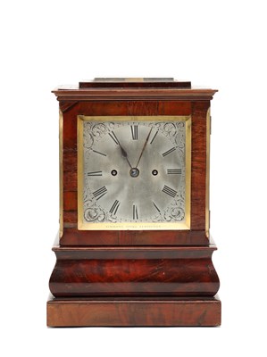 Lot SIMMONS, STOKE NEWINGTON A REGENCY FIGURED MAHOGANY DOUBLE FUSEE FOUR-GLASS BRACKET CLOCK