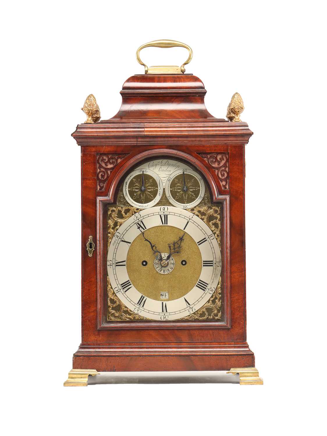 Lot CONYERS DUNLOP, LONDON. A GEORGE III FIGURED MAHOGANY VERGE BRACKET CLOCK WITH ALARM