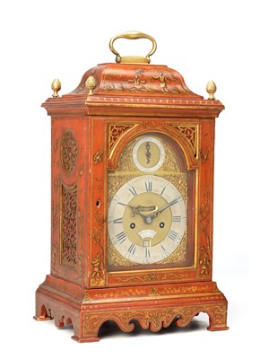 Lot STEPHEN RIMBAULT, LONDON. A MID 18TH CENTURY SCARLET LACQUER CHINOISERIE VERGE BRACKET CLOCK