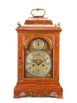 Lot STEPHEN RIMBAULT, LONDON. A MID 18TH CENTURY SCARLET LACQUER CHINOISERIE VERGE BRACKET CLOCK