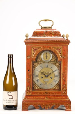 Lot STEPHEN RIMBAULT, LONDON. A MID 18TH CENTURY SCARLET LACQUER CHINOISERIE VERGE BRACKET CLOCK