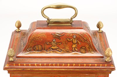 Lot STEPHEN RIMBAULT, LONDON. A MID 18TH CENTURY SCARLET LACQUER CHINOISERIE VERGE BRACKET CLOCK