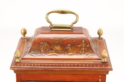 Lot STEPHEN RIMBAULT, LONDON. A MID 18TH CENTURY SCARLET LACQUER CHINOISERIE VERGE BRACKET CLOCK