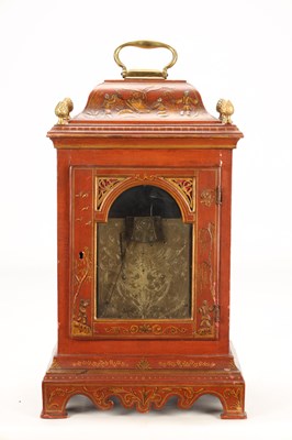 Lot STEPHEN RIMBAULT, LONDON. A MID 18TH CENTURY SCARLET LACQUER CHINOISERIE VERGE BRACKET CLOCK