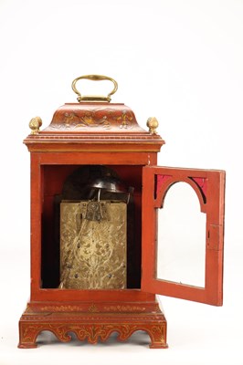 Lot STEPHEN RIMBAULT, LONDON. A MID 18TH CENTURY SCARLET LACQUER CHINOISERIE VERGE BRACKET CLOCK