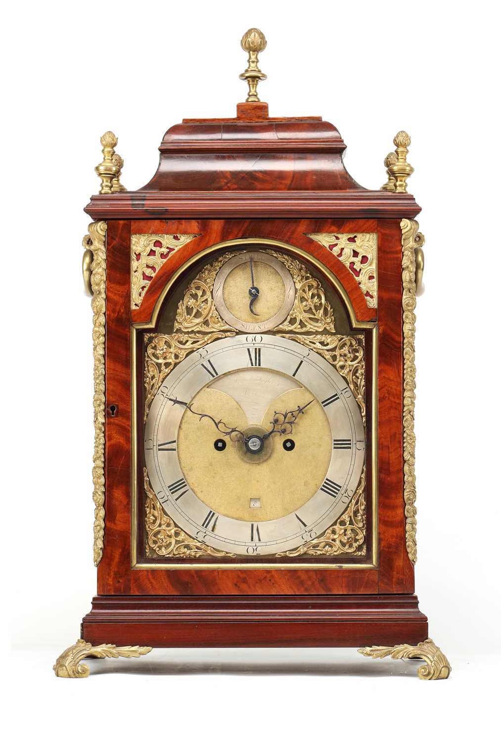 Lot JOHN TAYLOR, LONDON. A GEORGE III ORMOLU MOUNTED FIGURED MAHOGANY VERGE BRACKET CLOCK WITH ALARM