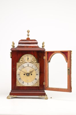 Lot JOHN TAYLOR, LONDON. A GEORGE III ORMOLU MOUNTED FIGURED MAHOGANY VERGE BRACKET CLOCK WITH ALARM