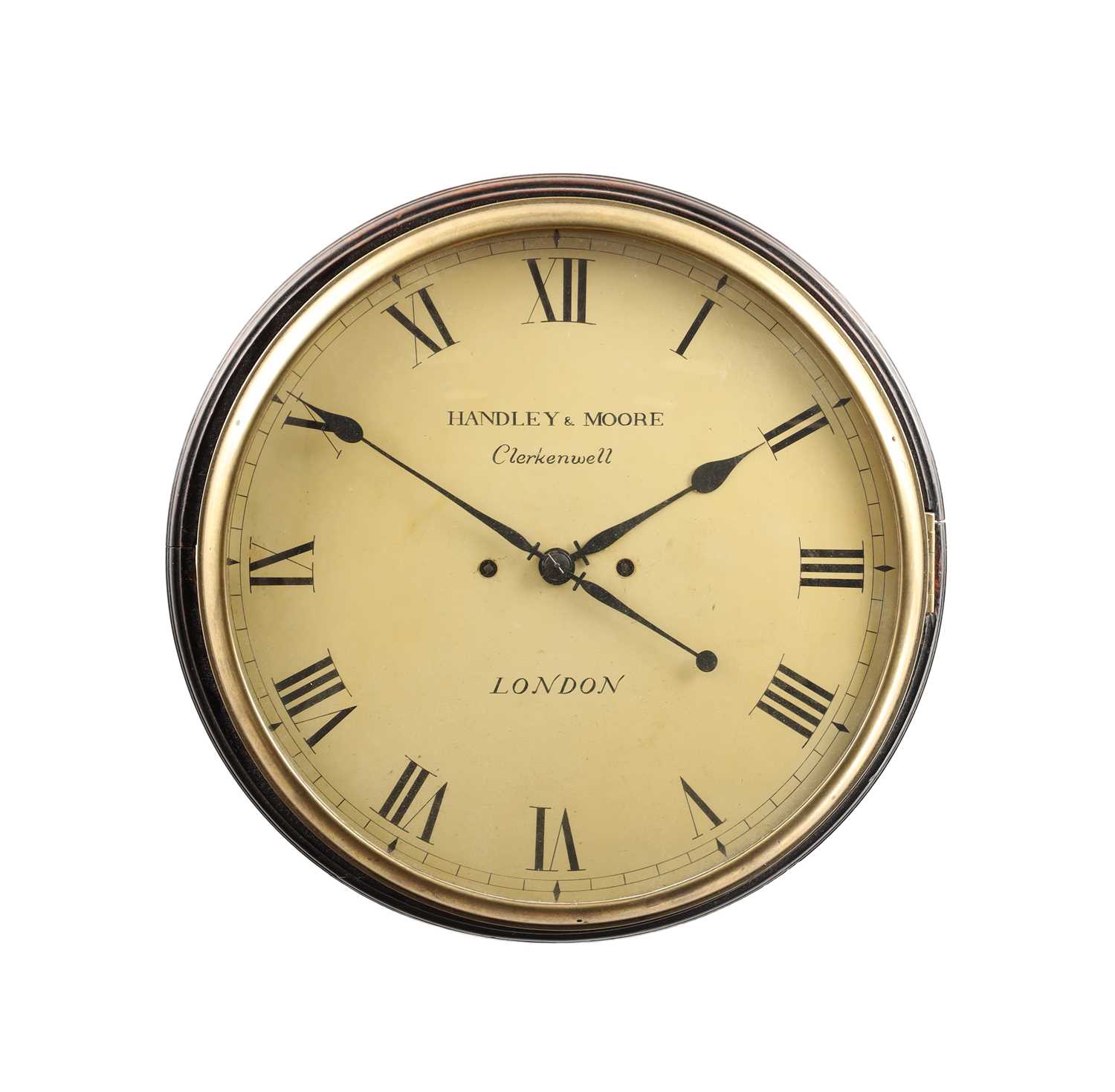 Lot 128 - HANDLEY & MOORE, LONDON. A REGENCY EBONISED DOUBLE FUSEE STRIKING WALL CLOCK