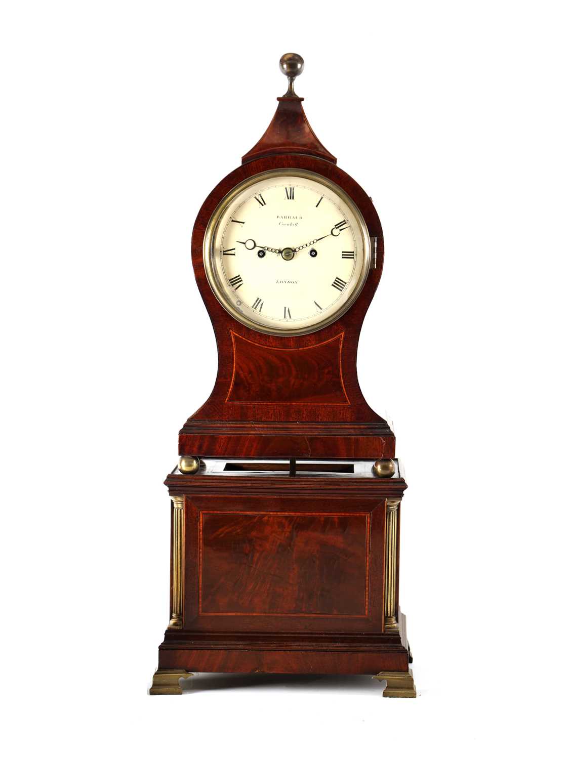 Lot BARRAUD, LONDON. AN UNUSUAL GEORGE III FIGURED MAHOGANY BALLOON SHAPED BRACKET CLOCK ON STAND