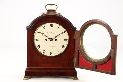 Lot JAMES WARREN, CANTERBURY. A GEORGE III FIGURED MAHOGANY PAD TOP VERGE BRACKET CLOCK