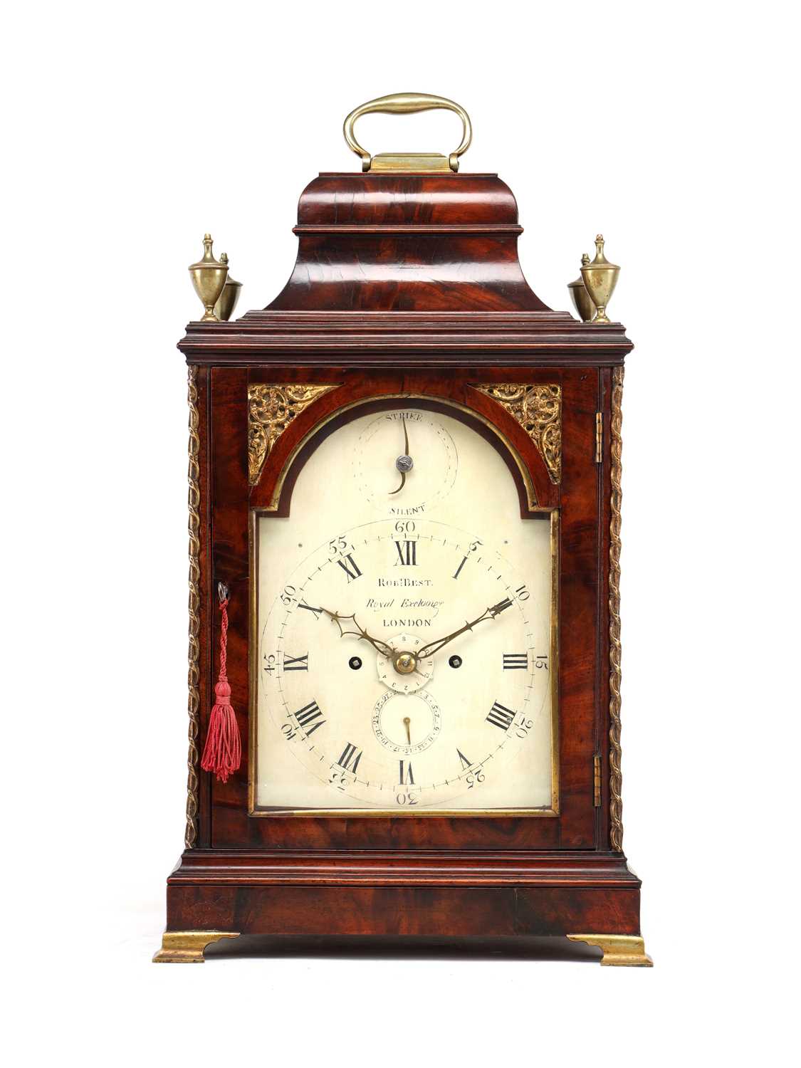 Lot ROBERT BEST, LONDON. A GEORGE III ORMOLU MOUNTED FIGURED MAHOGANY VERGE BRACKET CLOCK WITH ALARM