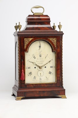 Lot ROBERT BEST, LONDON. A GEORGE III ORMOLU MOUNTED FIGURED MAHOGANY VERGE BRACKET CLOCK WITH ALARM