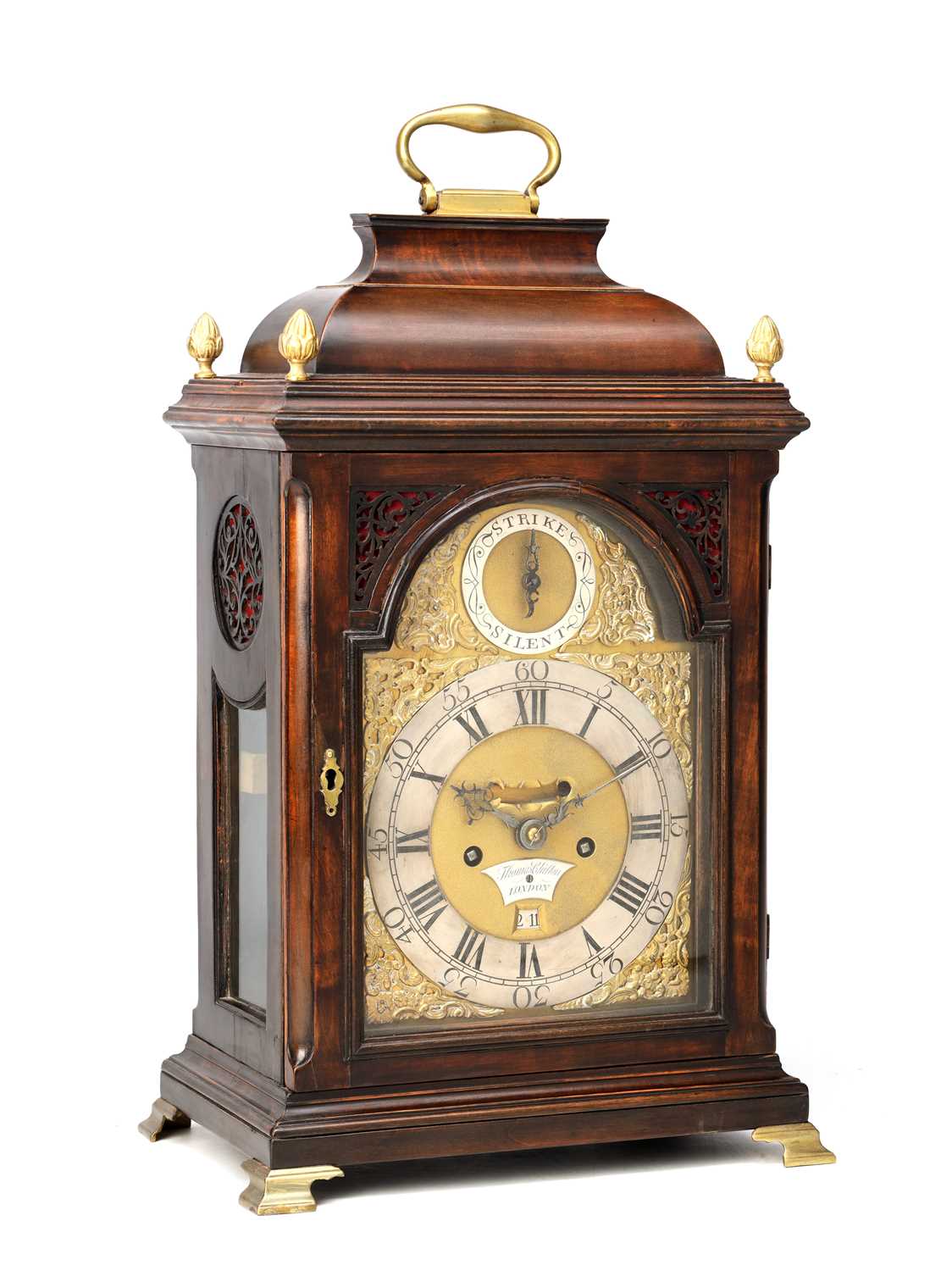 Lot THOMAS CHILTON, LONDON. A GEORGE III FRUITWOOD VERGE STRIKING BELL TOP BRACKET CLOCK