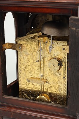 Lot THOMAS LODGE, LONDON. A SMALL GEORGE II FRUITWOOD VERGE PULL QUARTER REPEATING TIMEPIECE BRACKET CLOCK