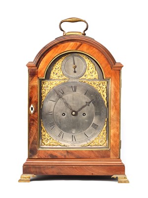 Lot A GEORGE III FIGURED MAHOGANY PAD TOP VERGE BRACKET CLOCK