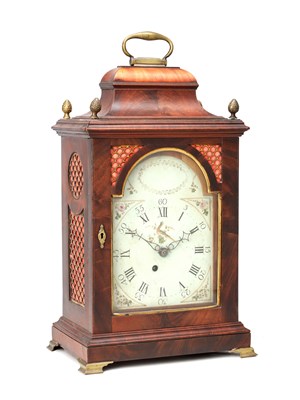 Lot WILLIAM NICKISSON, NEWCASTLE-UNDER-LYME. A GEORGE III FIGURED MAHOGANY PULL QUARTER REPEATING VERGE BRACKET CLOCK