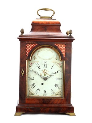 Lot WILLIAM NICKISSON, NEWCASTLE-UNDER-LYME. A GEORGE III FIGURED MAHOGANY PULL QUARTER REPEATING VERGE BRACKET CLOCK