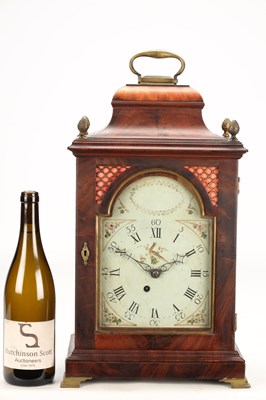 Lot WILLIAM NICKISSON, NEWCASTLE-UNDER-LYME. A GEORGE III FIGURED MAHOGANY PULL QUARTER REPEATING VERGE BRACKET CLOCK