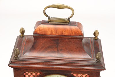 Lot WILLIAM NICKISSON, NEWCASTLE-UNDER-LYME. A GEORGE III FIGURED MAHOGANY PULL QUARTER REPEATING VERGE BRACKET CLOCK