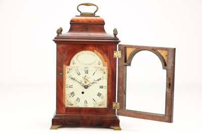 Lot WILLIAM NICKISSON, NEWCASTLE-UNDER-LYME. A GEORGE III FIGURED MAHOGANY PULL QUARTER REPEATING VERGE BRACKET CLOCK