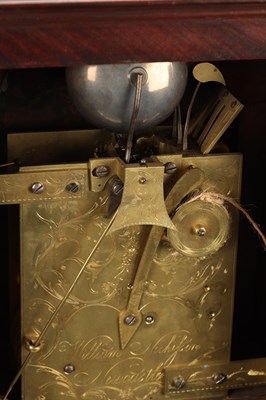Lot WILLIAM NICKISSON, NEWCASTLE-UNDER-LYME. A GEORGE III FIGURED MAHOGANY PULL QUARTER REPEATING VERGE BRACKET CLOCK
