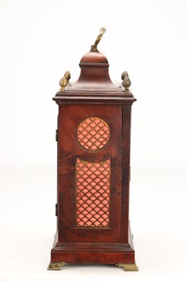 Lot WILLIAM NICKISSON, NEWCASTLE-UNDER-LYME. A GEORGE III FIGURED MAHOGANY PULL QUARTER REPEATING VERGE BRACKET CLOCK