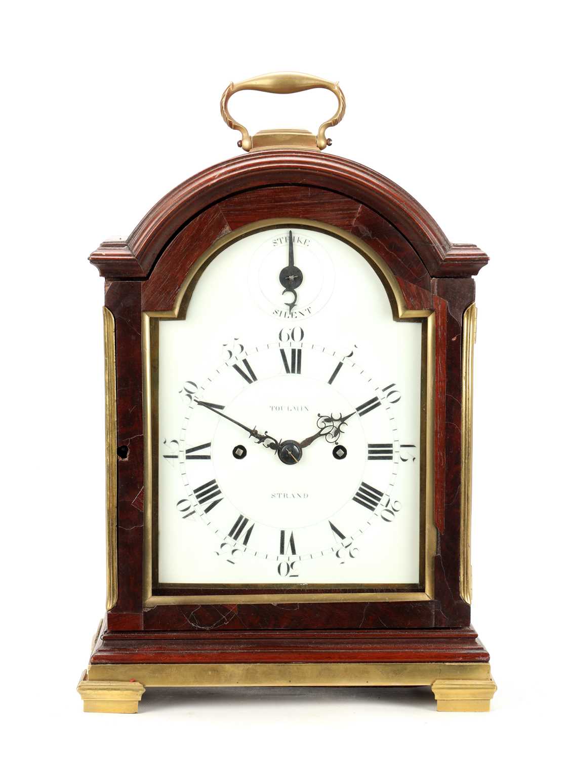 Lot SAMUEL TOULMIN, LONDON. A SMALL GEORGE III ENAMEL DIAL VERGE STRIKING BRACKET CLOCK