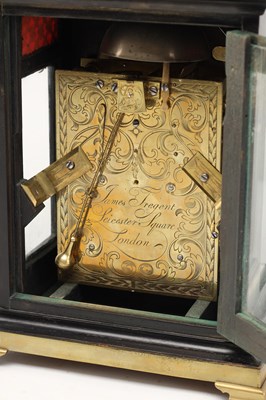 Lot JAMES TREGENT, LONDON. A MINIATURE GEORGE III VERGE DOUBLE FUSEE BRACKET CLOCK IN LATER CASE