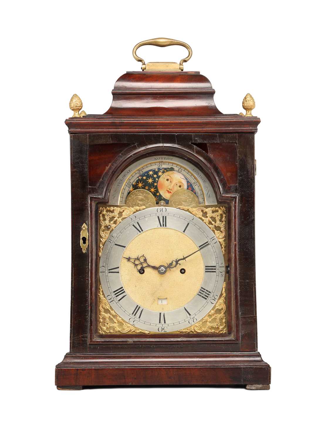 Lot EARDLEY NORTON, LONDON. A GEORGE III FIGURED MAHOGANY VERGE BRACKET CLOCK WITH MOONPHASE