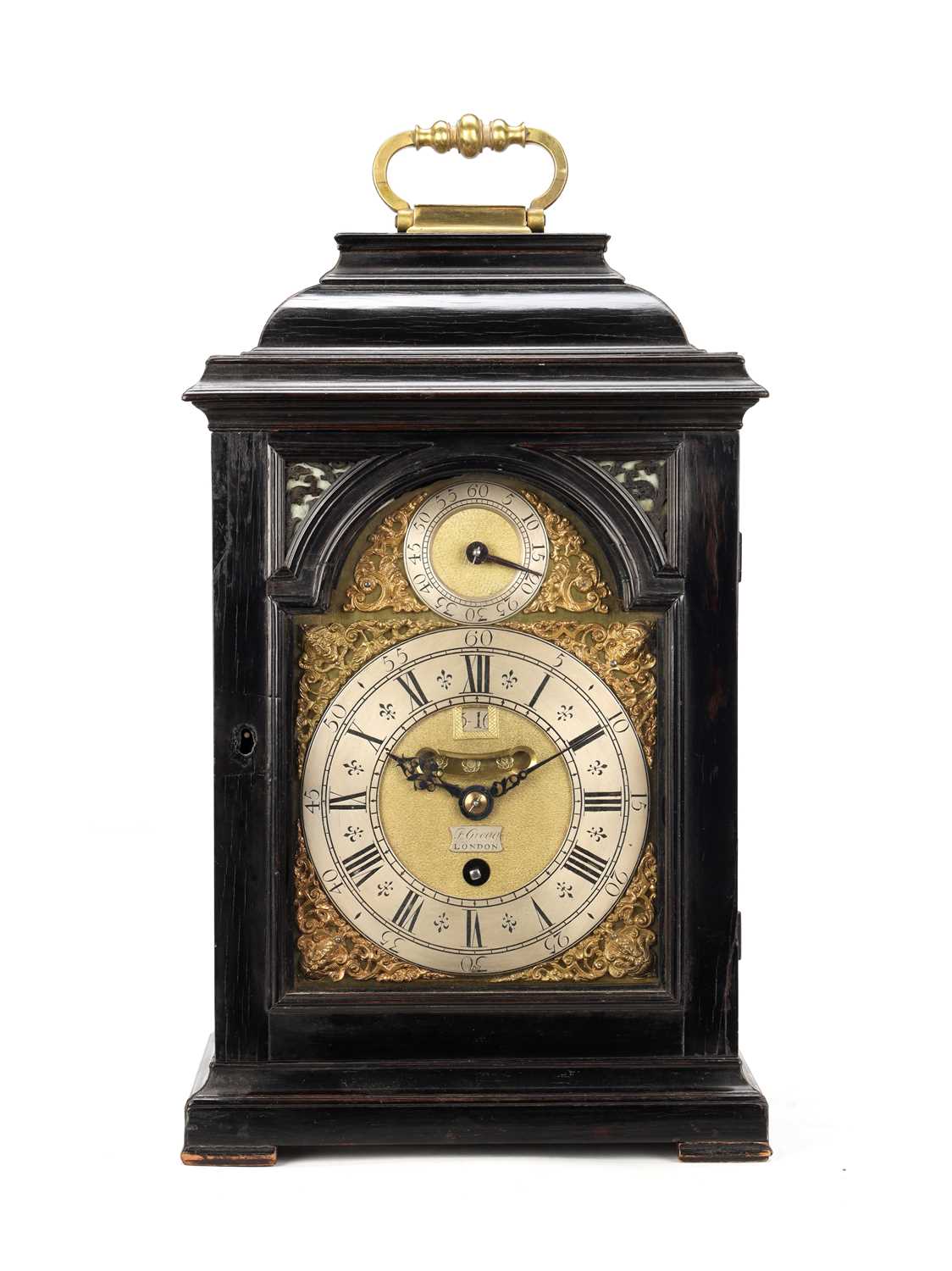 Lot FRANCIS GREGG, LONDON. A SMALL GEORGE II EBONISED PULL QUARTER REPEATING VERGE BRACKET CLOCK