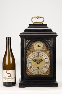 Lot FRANCIS GREGG, LONDON. A SMALL GEORGE II EBONISED PULL QUARTER REPEATING VERGE BRACKET CLOCK