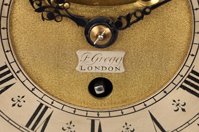 Lot FRANCIS GREGG, LONDON. A SMALL GEORGE II EBONISED PULL QUARTER REPEATING VERGE BRACKET CLOCK