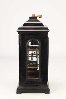 Lot FRANCIS GREGG, LONDON. A SMALL GEORGE II EBONISED PULL QUARTER REPEATING VERGE BRACKET CLOCK