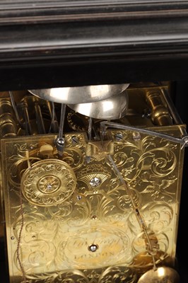 Lot FRANCIS GREGG, LONDON. A SMALL GEORGE II EBONISED PULL QUARTER REPEATING VERGE BRACKET CLOCK