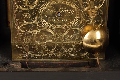 Lot FRANCIS GREGG, LONDON. A SMALL GEORGE II EBONISED PULL QUARTER REPEATING VERGE BRACKET CLOCK